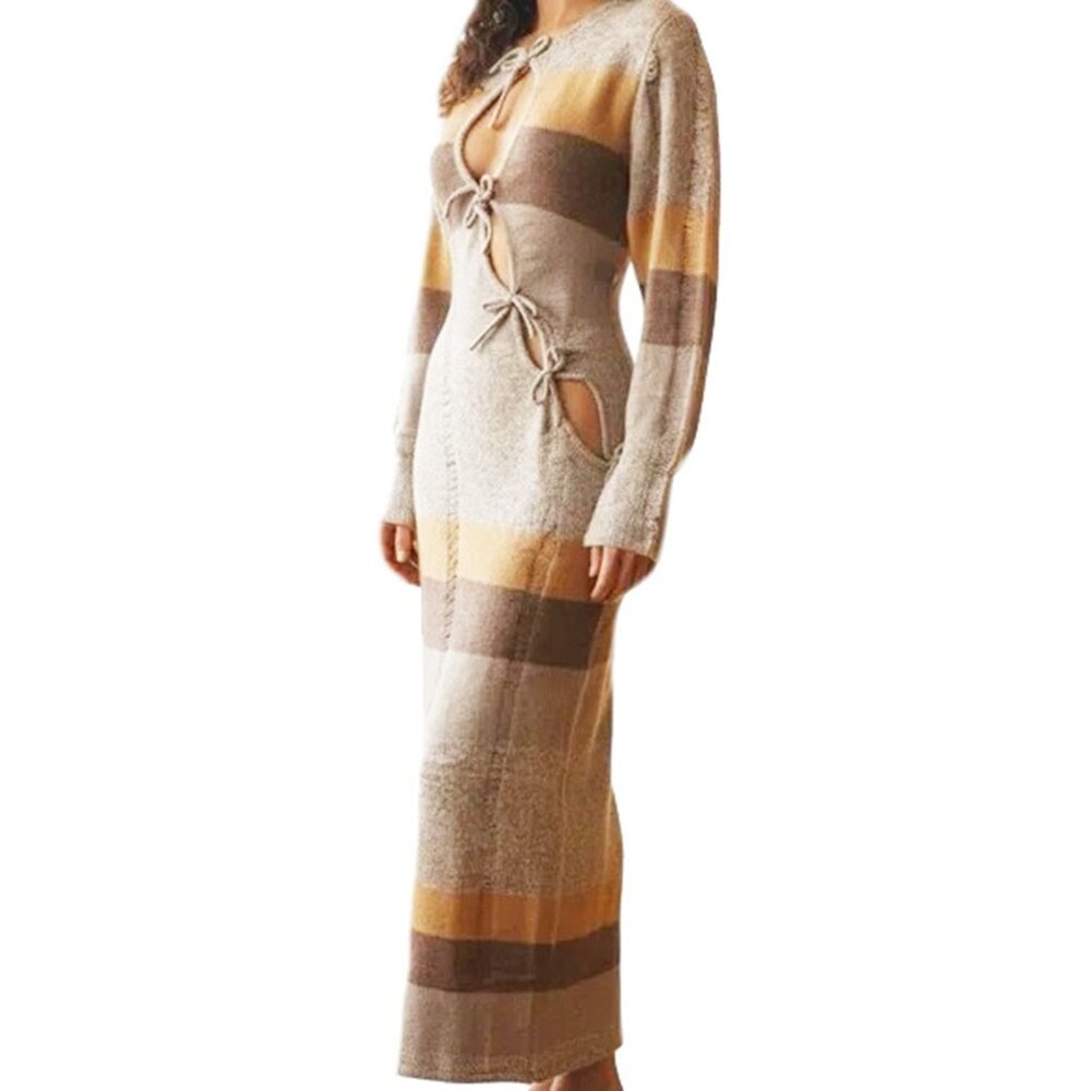 PrettyLittleThing XS Mocha Tie Front Distressed Knit Bardot Maxi Dress